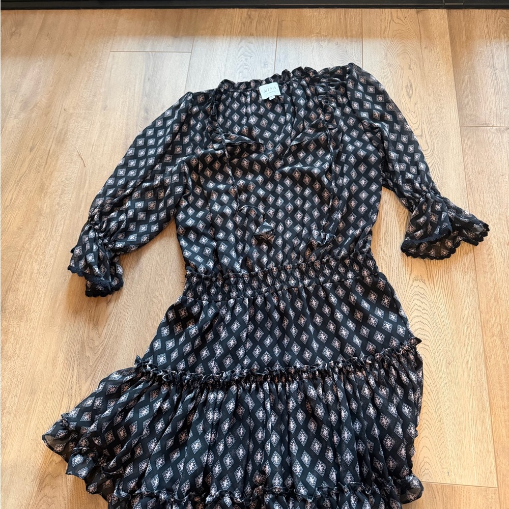 Misa Los Angeles Black Dress with Pink and White Design